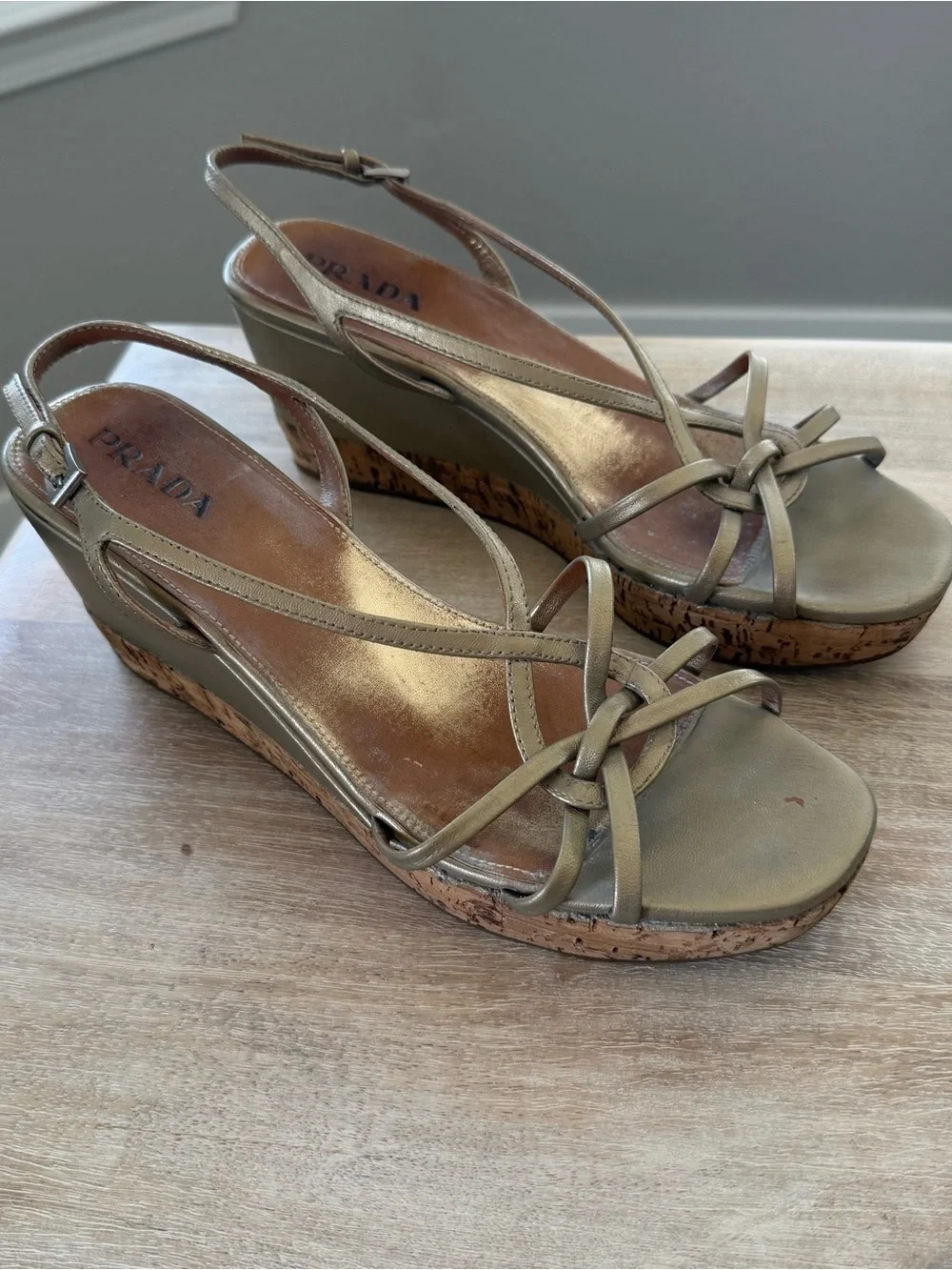 Prada Metallic Gold Cork Wedge Sandals Size 39.5